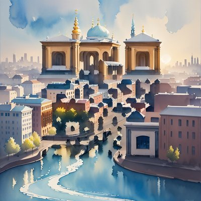 Cathedral Over River Watercolor Cityscape QR Code Art