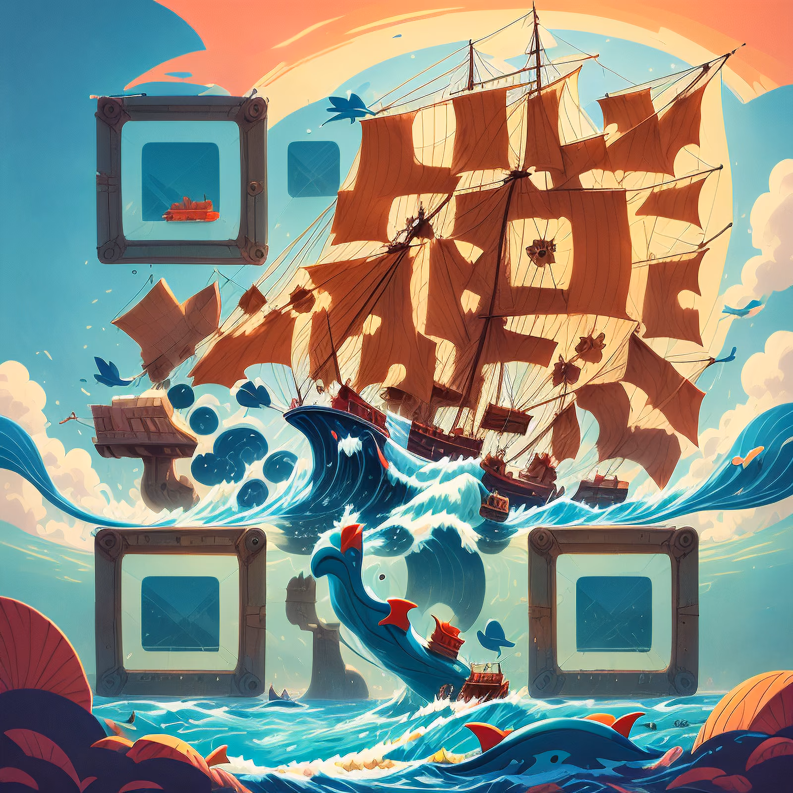 Pirate Ship Wave Illustration QR Code for Posters — image 1