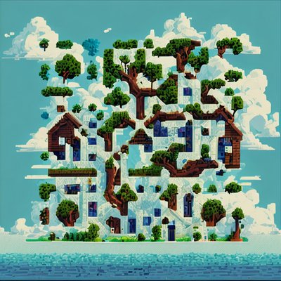 Pixel Art Tree Village Island QR Code for Posters