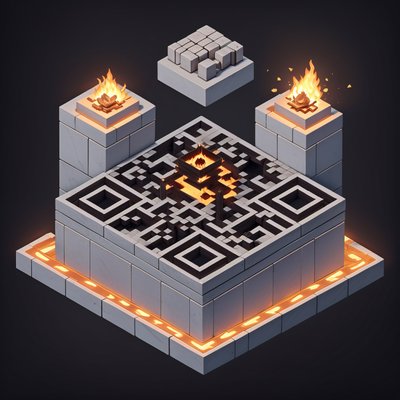等距火焰神庙3D渲染二维码设计,适合海报