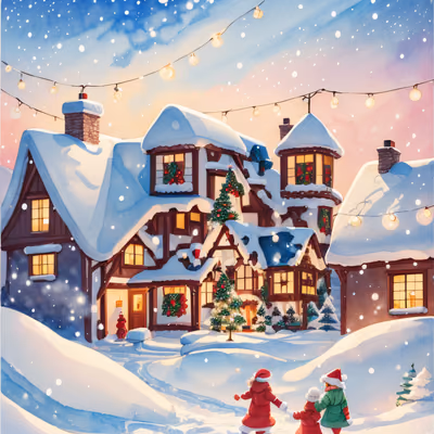 Snowy Christmas Village Watercolor House QR Code for Greeting Cards — image 1