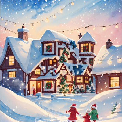 Snowy Christmas Village Watercolor House QR Code for Greeting Cards