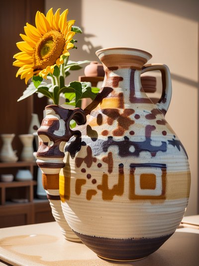 Glazed Pottery Jug with Sunflower QR Code Art