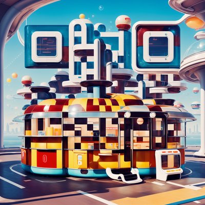 Ретрофутуристичная закусочная: иллюстрация с QR-кодом для постеров