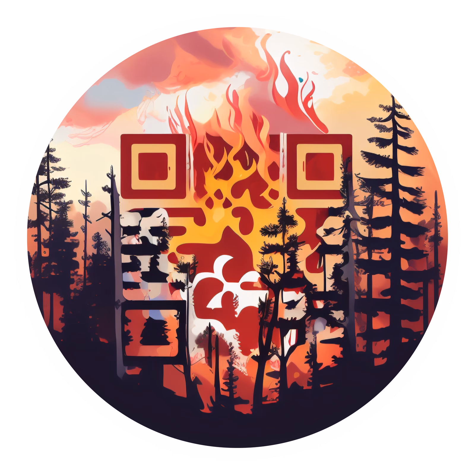 Горящий лес: векторный QR-код для наклеек с деревьями — изображение 1