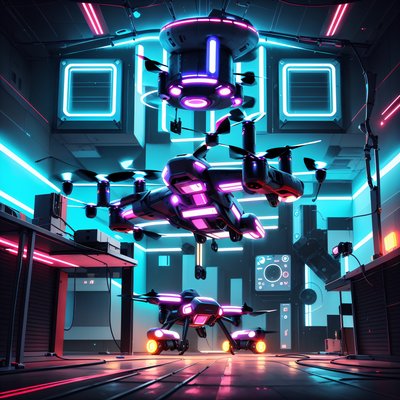 Neon Drone Hangar Retrofuturism QR Code for Posters