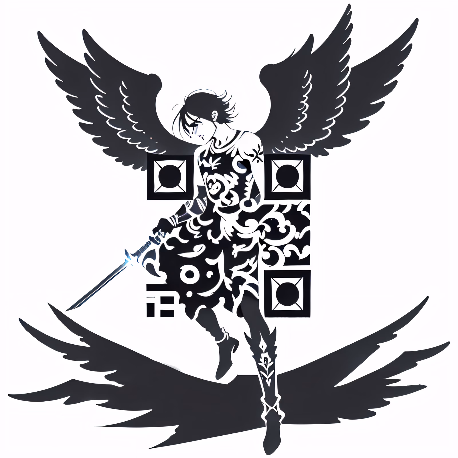 有翼天界战士纹身二维码艺术，适用于临时纹身 — 图片 1