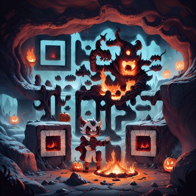Halloween Demon Cave Cartoon QR Code for Posters
