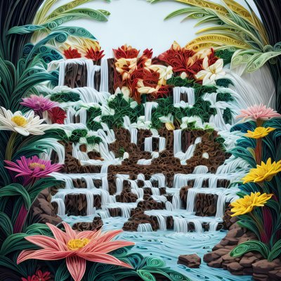 Quilled Waterfall and Flowers QR Code Art