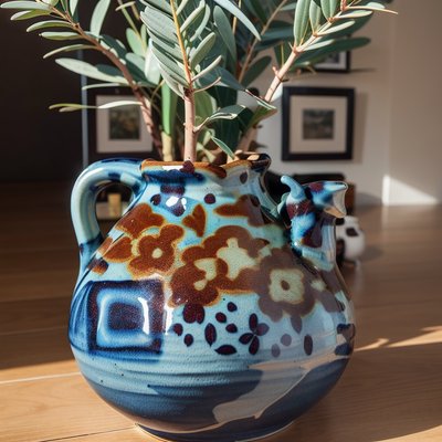Glazed Pottery Jug Eucalyptus Photo QR Code Art