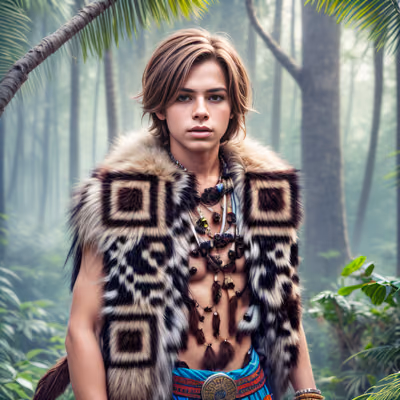 Юноша из джунглей в племенном стиле: фотореалистичный QR-код для постеров — изображение 1
