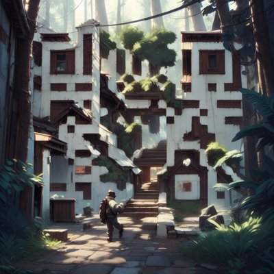 QR-код в стиле концепт-арта игры: лесная деревня для постеров