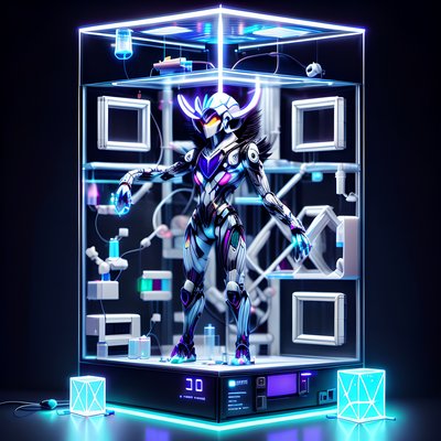 Armored Cyborg Glass Cube Neon QR Code for Posters