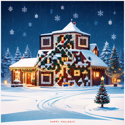Snowy Christmas House Digital Painting Christmas Lights QR Code for Greeting Cards — image 1