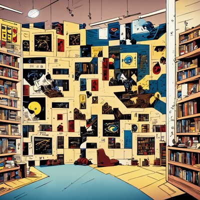Комната с книжными полками в стиле графического романа: QR-код для постеров