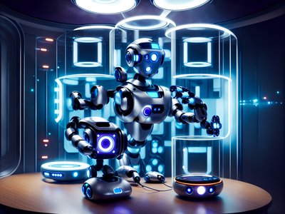 Glowing Robots in Glass Pods QR Code for Posters