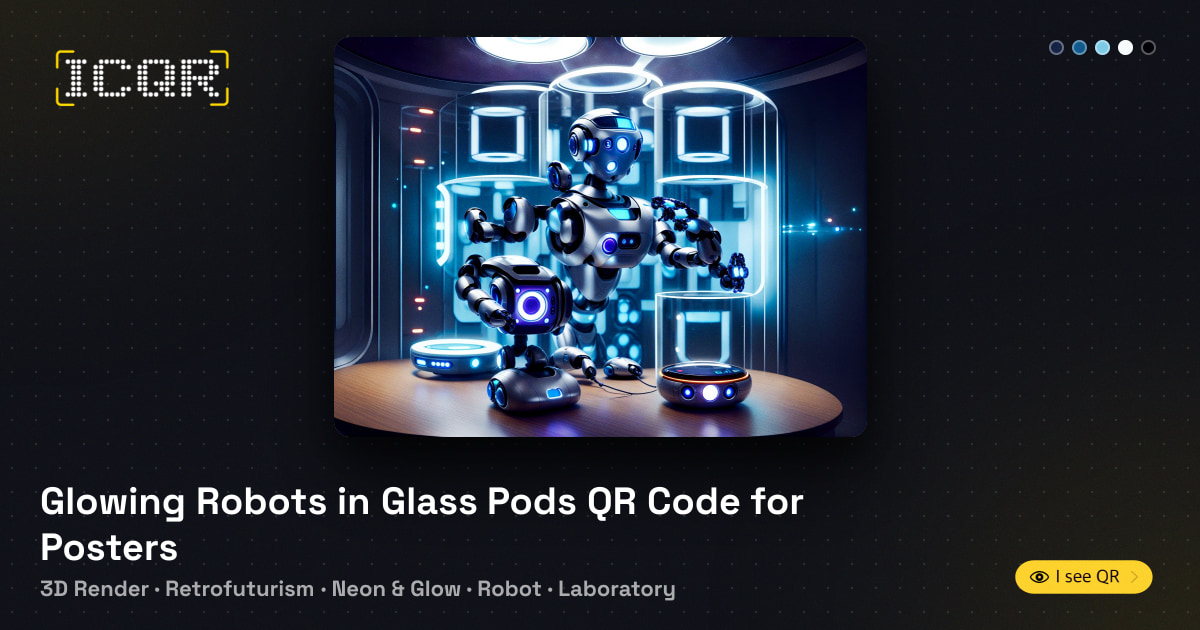 Glowing Robots in Glass Pods QR Code for Posters • ICQR