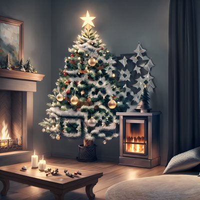 Christmas Tree Fireplace Painting QR Code for Greeting Cards