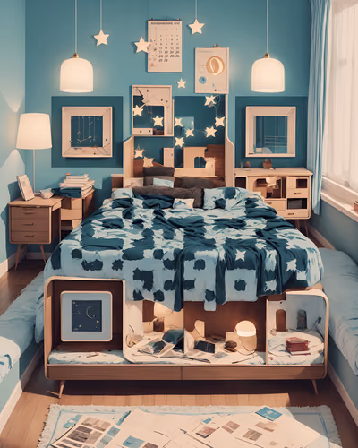 Retro Teal Bedroom Illustration QR Code Art — image 1