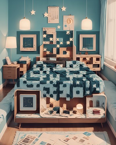 Retro Teal Bedroom Illustration QR Code Art