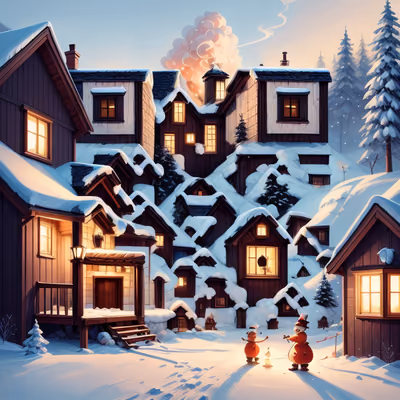 Snowy Cabin Village Gouache QR Code for Greeting Cards — image 1