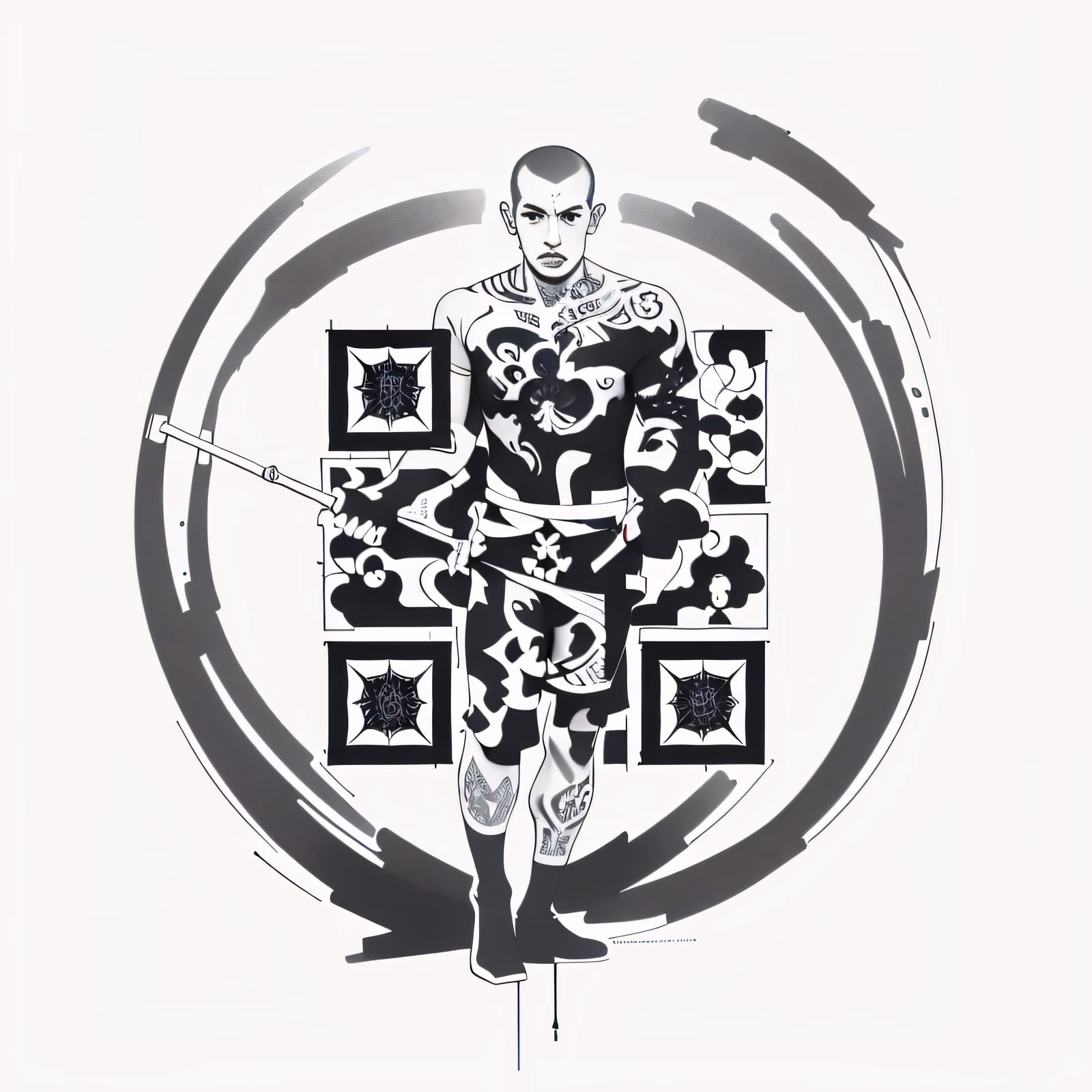 持杖纹身僧人水墨二维码艺术，适用于临时纹身 — 图片 1
