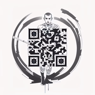 持杖纹身僧人水墨二维码艺术，适用于临时纹身 — 图片 1