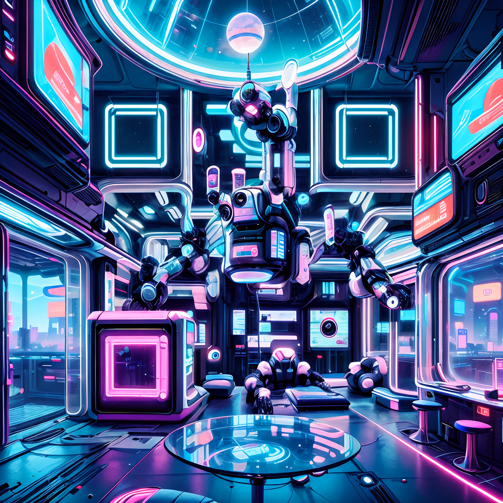 QR-код для постеров: неоновый киберпанк-салон с роботом — изображение 1