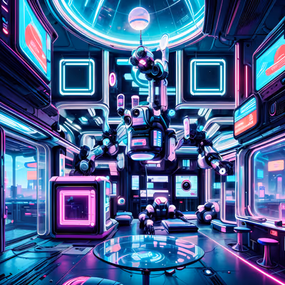 QR-код для постеров: неоновый киберпанк-салон с роботом — изображение 1