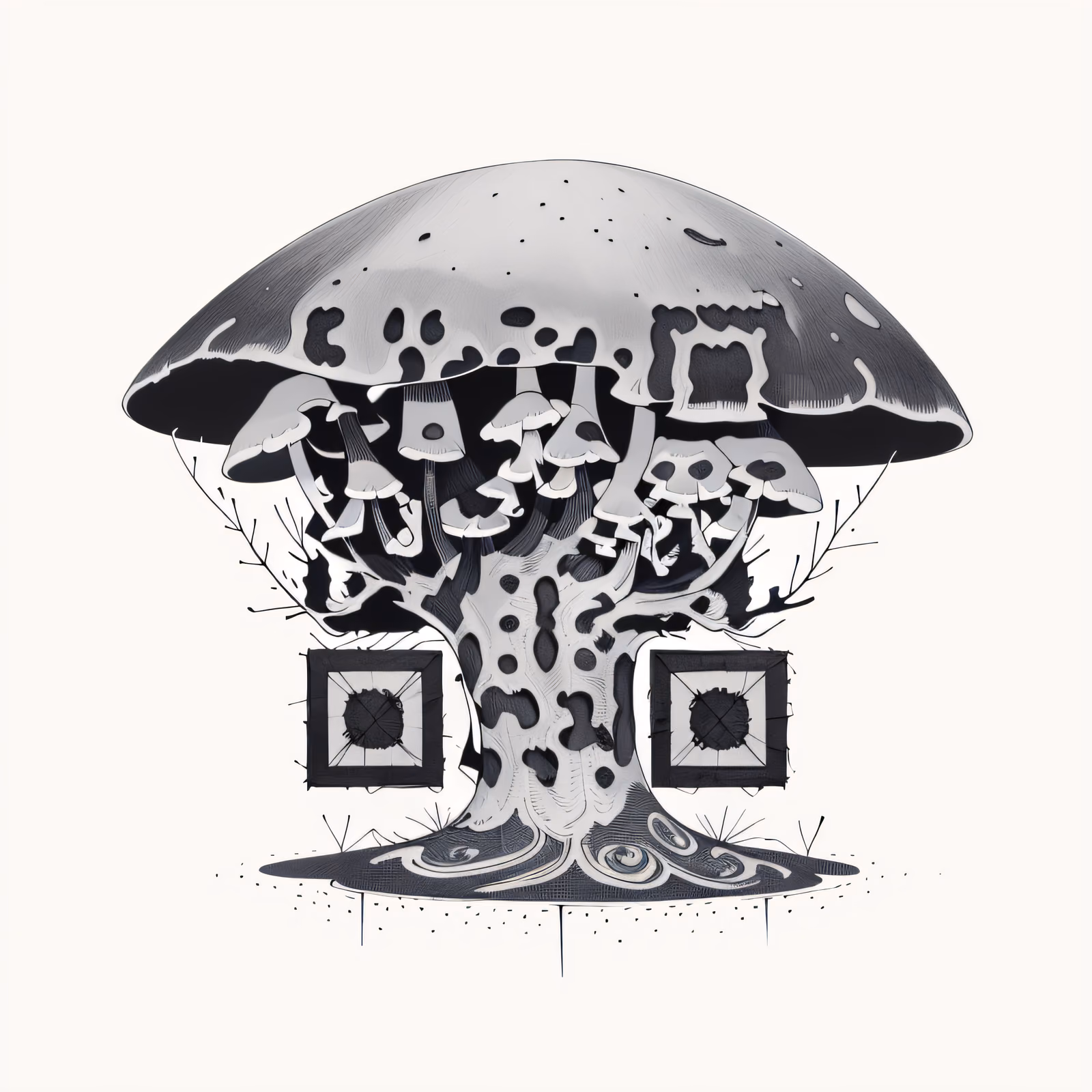 Дерево с грибной шляпкой, рисунок тушью: QR-код — изображение 1