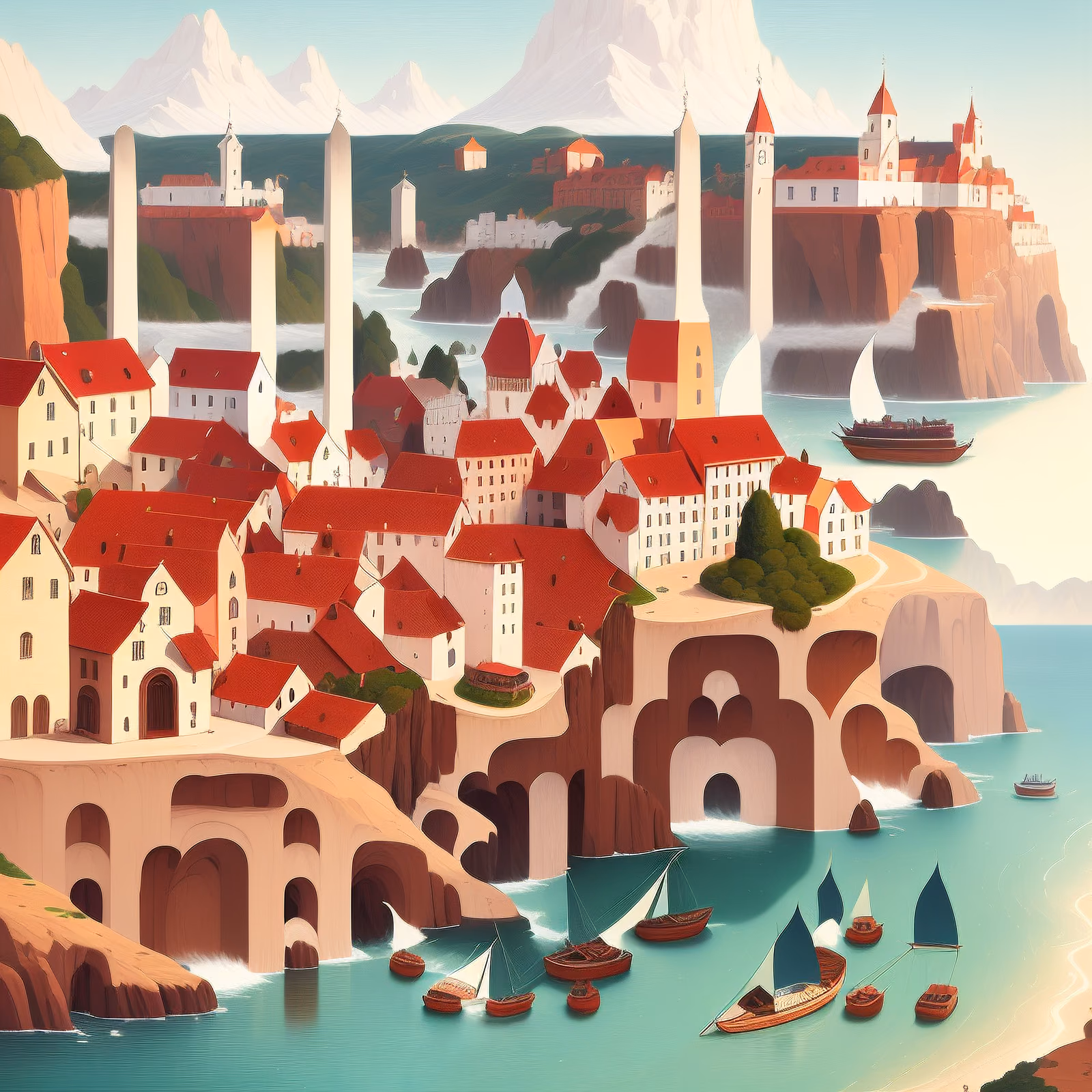 Cliffside Seaside Town Digital Painting QR Code Art — image 1