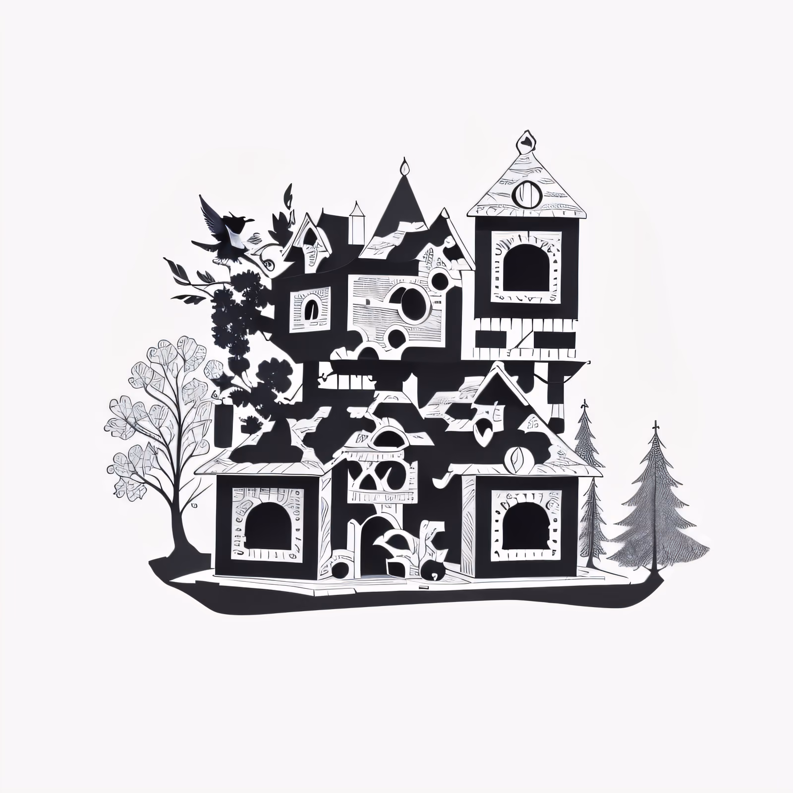 Castle Birdhouse Ink Drawing QR Code Art — image 1