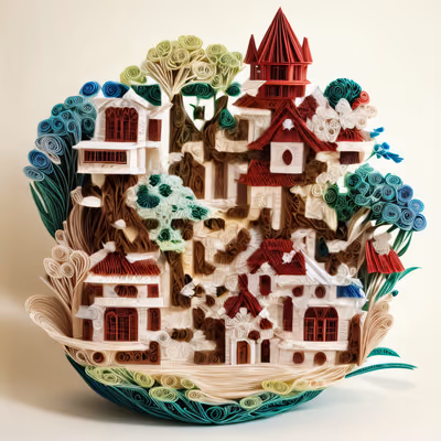 Paper Quilled Village With Trees QR Code Art — image 1