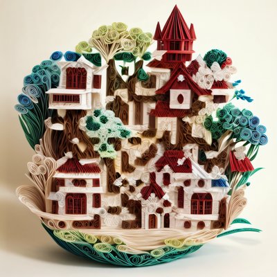 Paper Quilled Village With Trees QR Code Art