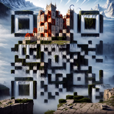 Surreal Cliff Castle Waterfalls QR Code Art — image 1