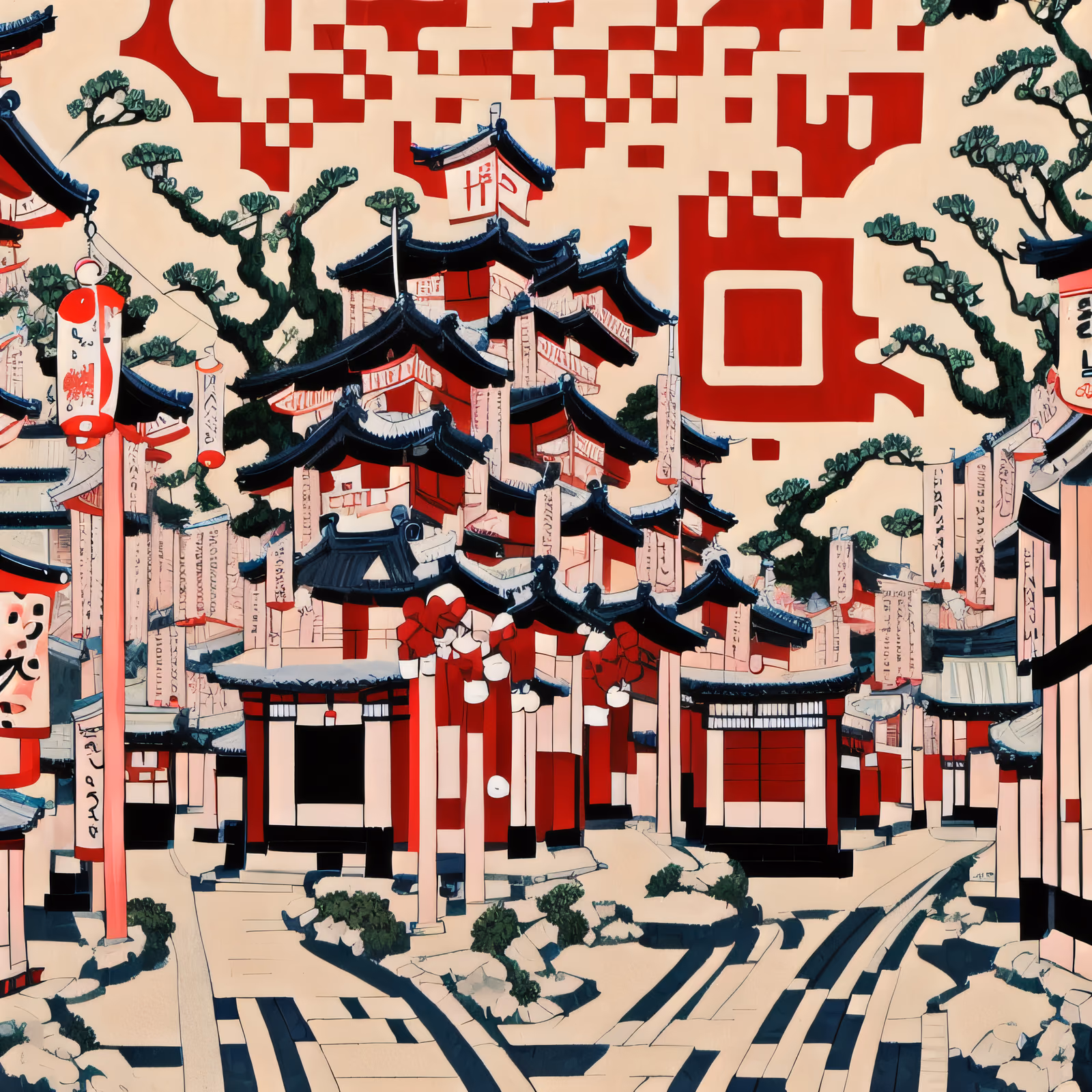 Japanese Street Pagodas Ukiyoe QR Code Art — image 1