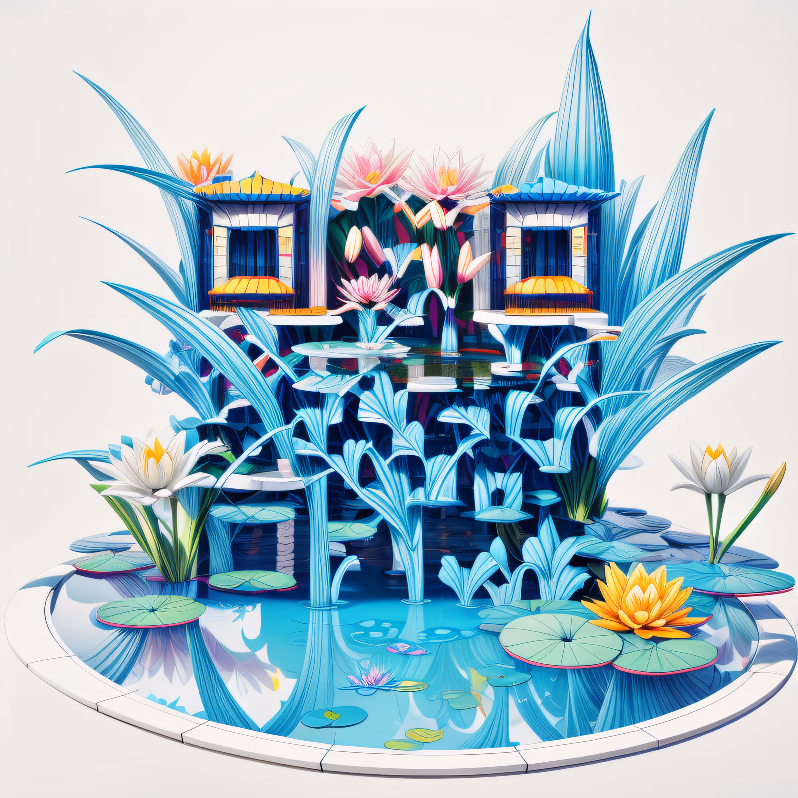 Сюрреалистичный пруд с кувшинками, 3D-рендер, QR-код — изображение 1