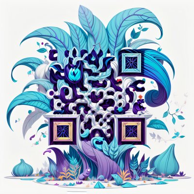 青绿扭曲叶丛游戏艺术二维码设计,适用于海报
