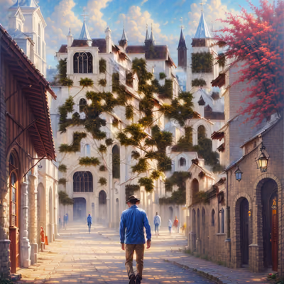 Village Street Church Oil Painting QR Code Art — image 1