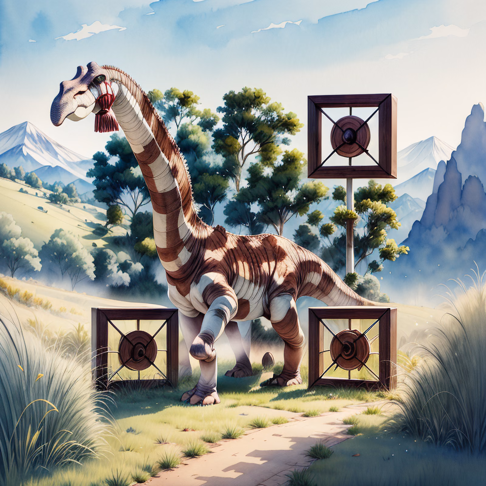Brachiosaurus Valley Watercolor QR Code Art — image 1