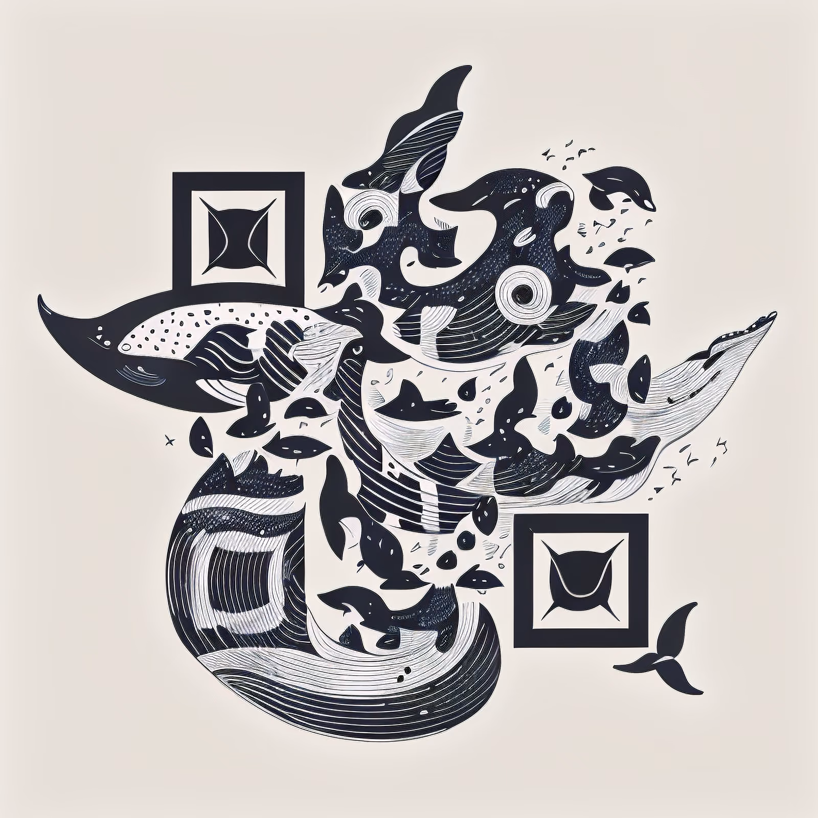 Киты в векторной линейной графике: QR-код для временных тату — изображение 1