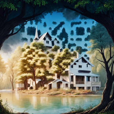 Lakeside House Woodland Painting QR Code Art — image 1