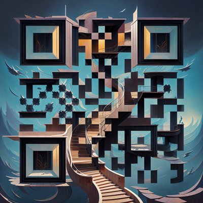 Floating Spiral Staircase Surreal QR Code Art