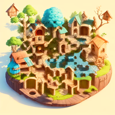 Isometric Wooden Village 3D Render QR Code Art — image 1