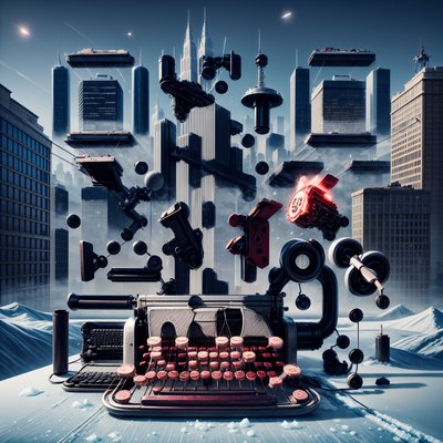 Сюрреалистичная пишущая машинка и горизонт города: 3D QR-код для постеров