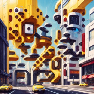 Футуристическая жёлтая улица города: QR-код в стиле ретрофутуризма для постеров