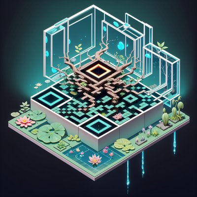 Isometric Tree Pond Diorama QR Code Art