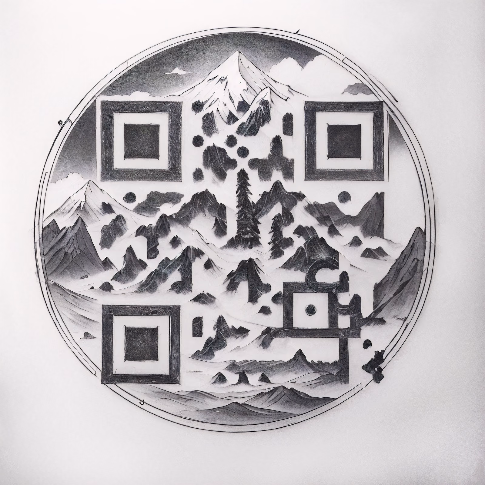 Горный хребет в круге, карандашный QR-код для временных татуировок — изображение 1