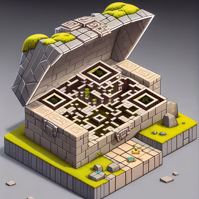 Isometric Ancient Temple Treasure Chest QR Code for Posters — image 1