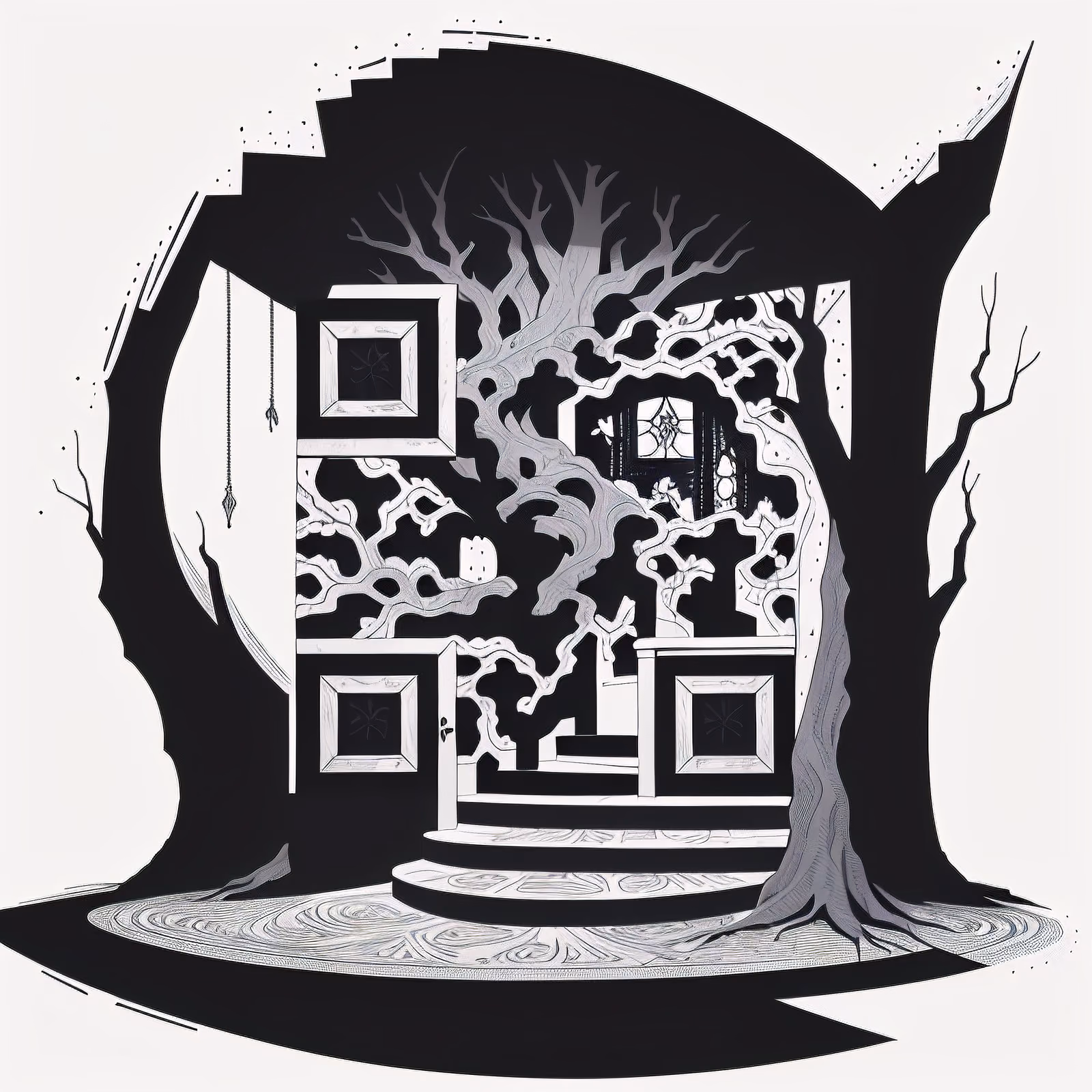 Узловатое дерево с дверью: рисунок тушью, QR-код — изображение 1